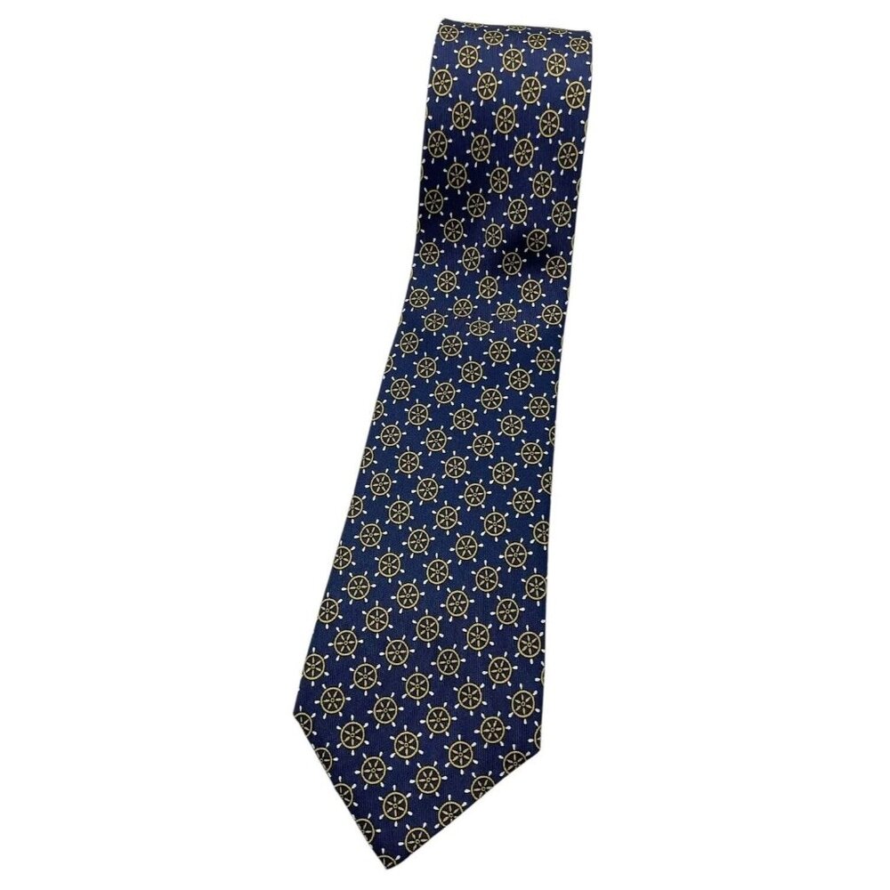 HERMÈS Men's 100% Silk Necktie LUXURY 764 UA Blue Ship's Wheel Halm W:3.4" EUC